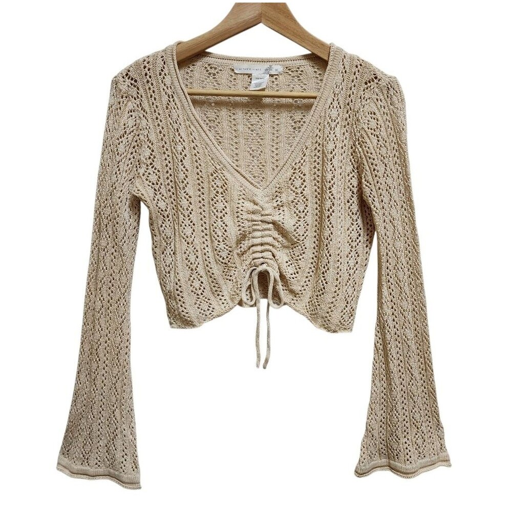 Altar'd State Beige Cinch V Neck Crochet Crop Top Women M Flare Boho Hippie Y2K
